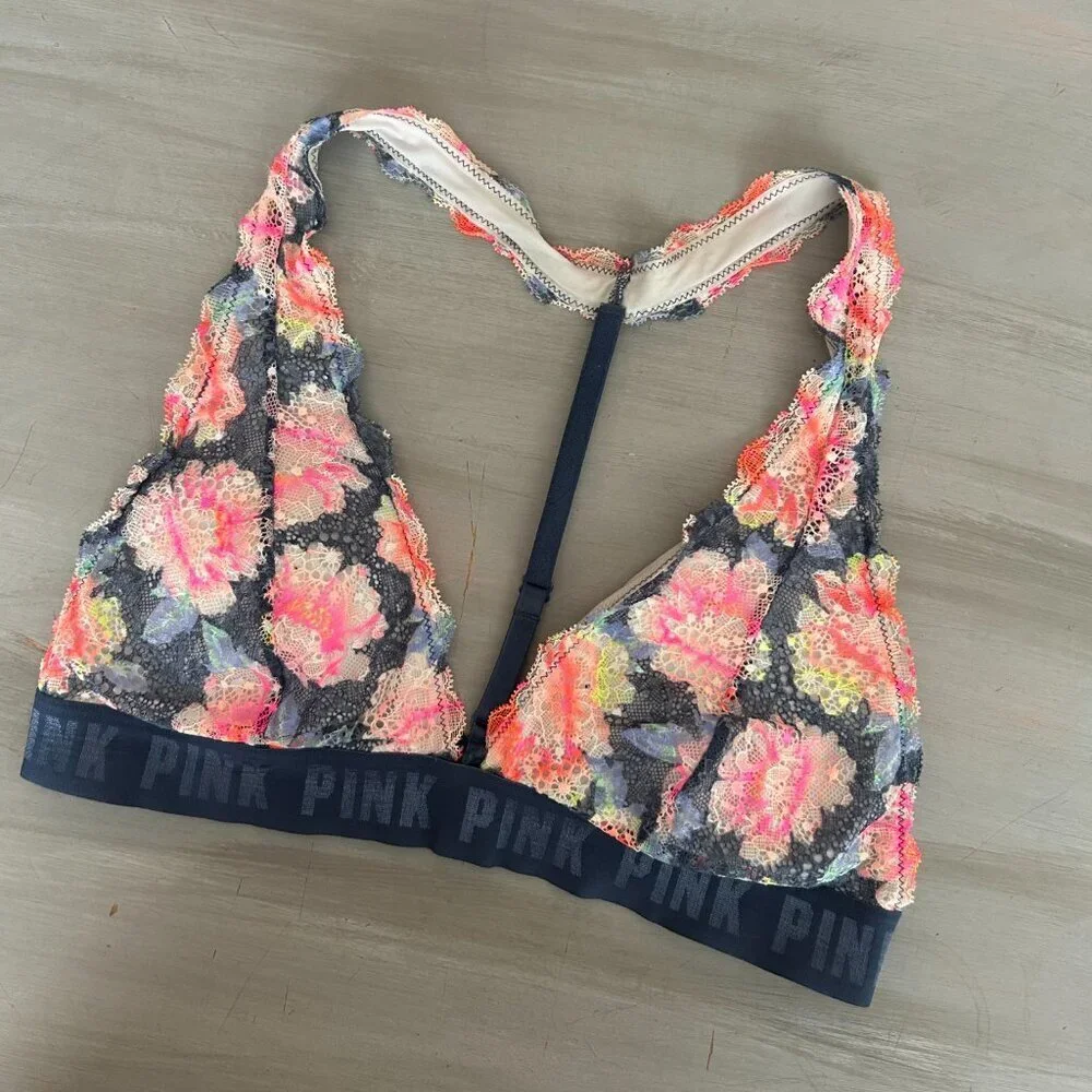 Victoria's Secret Bralette Size Large Blue Floral Lace Wireless Adjustable